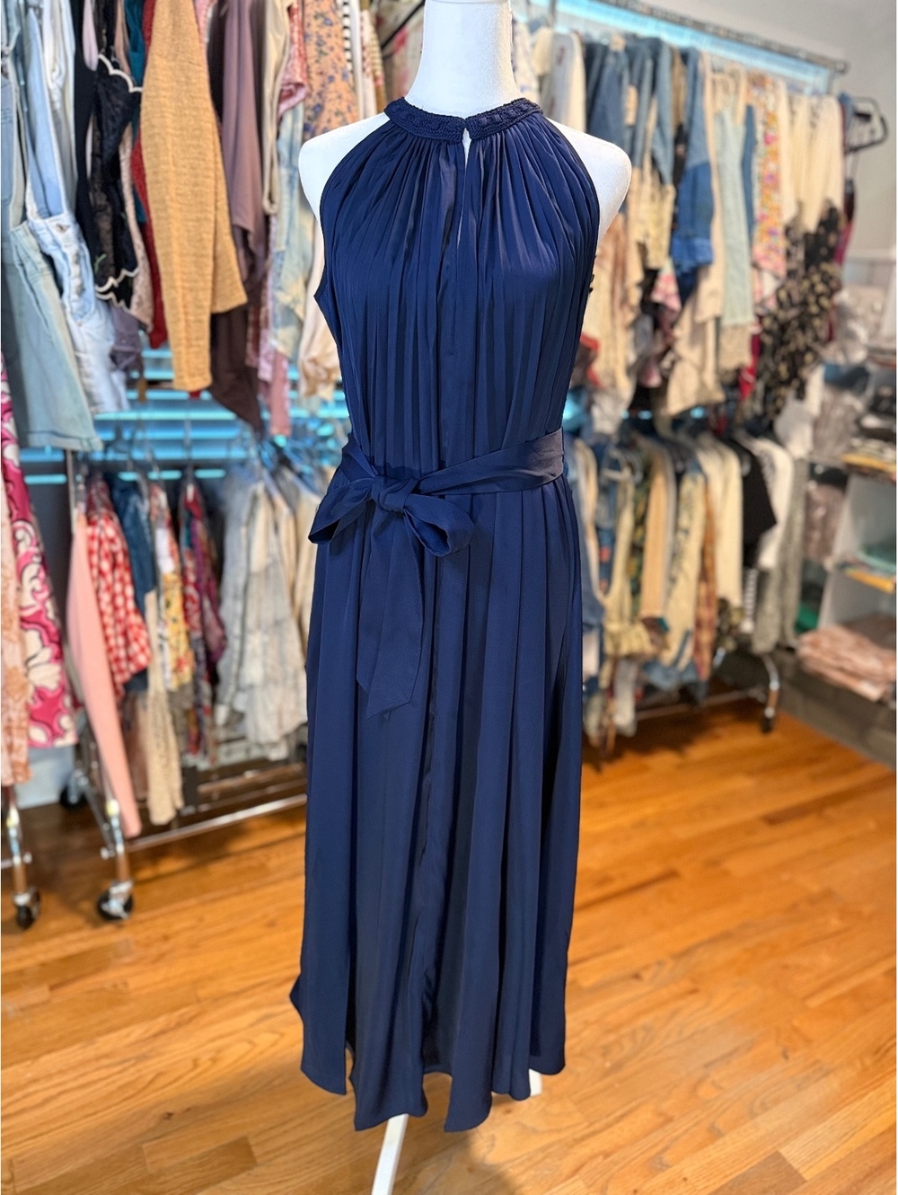 CURRENT AIR Navy Crochet Trim Halter Maxi Dress Tie Waist NWT Large
